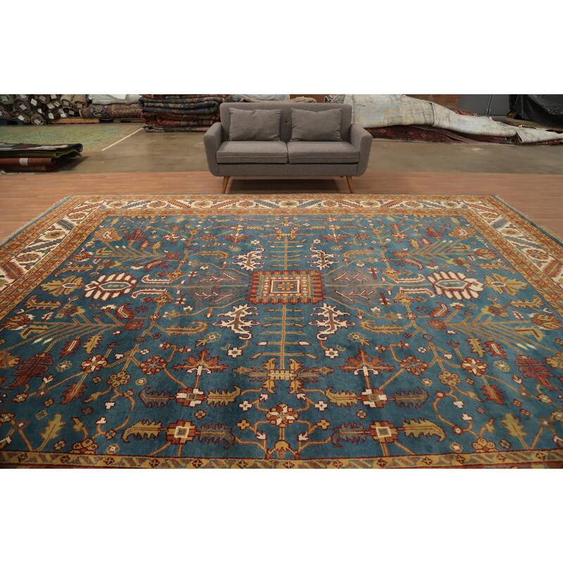 Hand Knotted Oriental 100% Wool Carpet Transitional All-Over Navy Blue & Blues Oushak Area Rug - 14' 9'' X 11' 11''