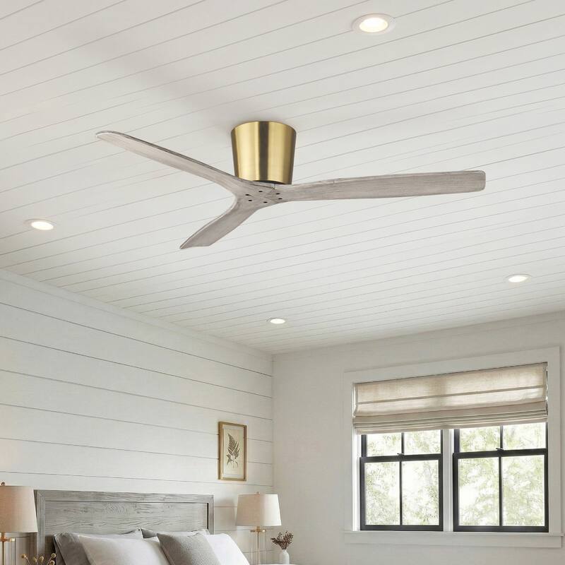 54" Modern Minimalist Weathered Solid Wood Gold Flush Mount Ceiling Fan with Remote and 6-Speed DC Motor