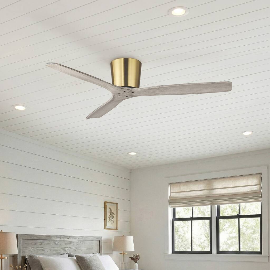 54" Modern Minimalist Weathered Solid Wood Gold Flush Mount Ceiling Fan with Remote and 6-Speed DC Motor