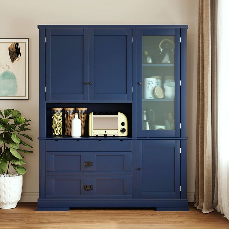 Roomfitters 78 Inch Large Kitchen Pantry Storage Cabinet with Microwave Station and Drawers, Shaker Style - Blue