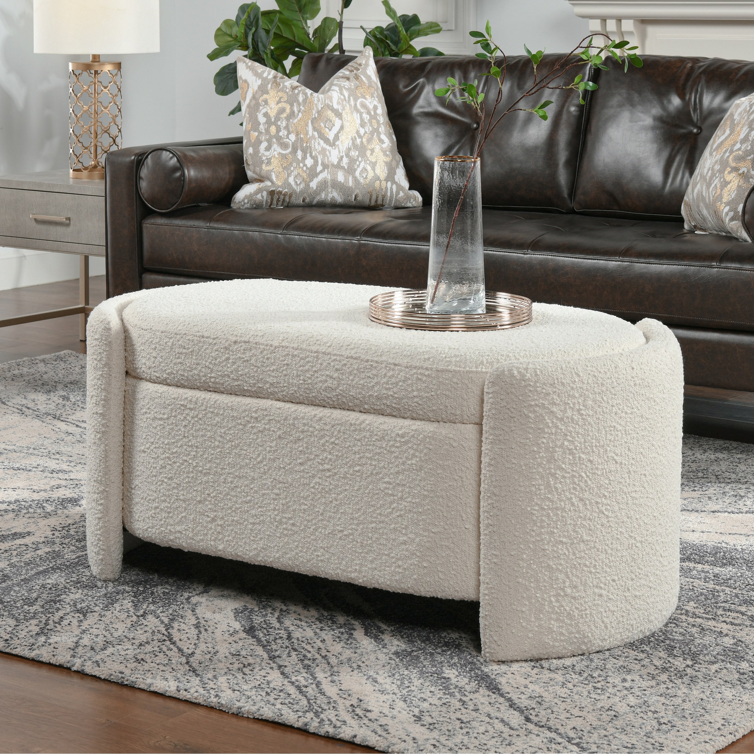 Fuji 43" Ivory White Boucle Sherpa Upholstered Oval Storage Bench - 43"W X 21"D X 18.5"H