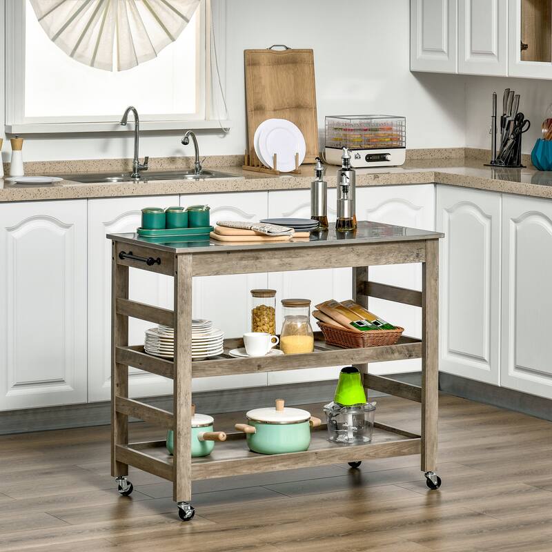 HOMCOM Rolling Kitchen Cart with Stainless Steel Countertop