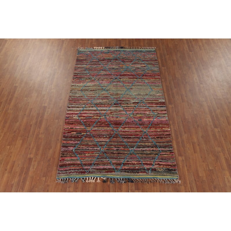 Striped Trellis Moroccan Area Rug Handmade Wool Carpet - 5'8" x 9'9"