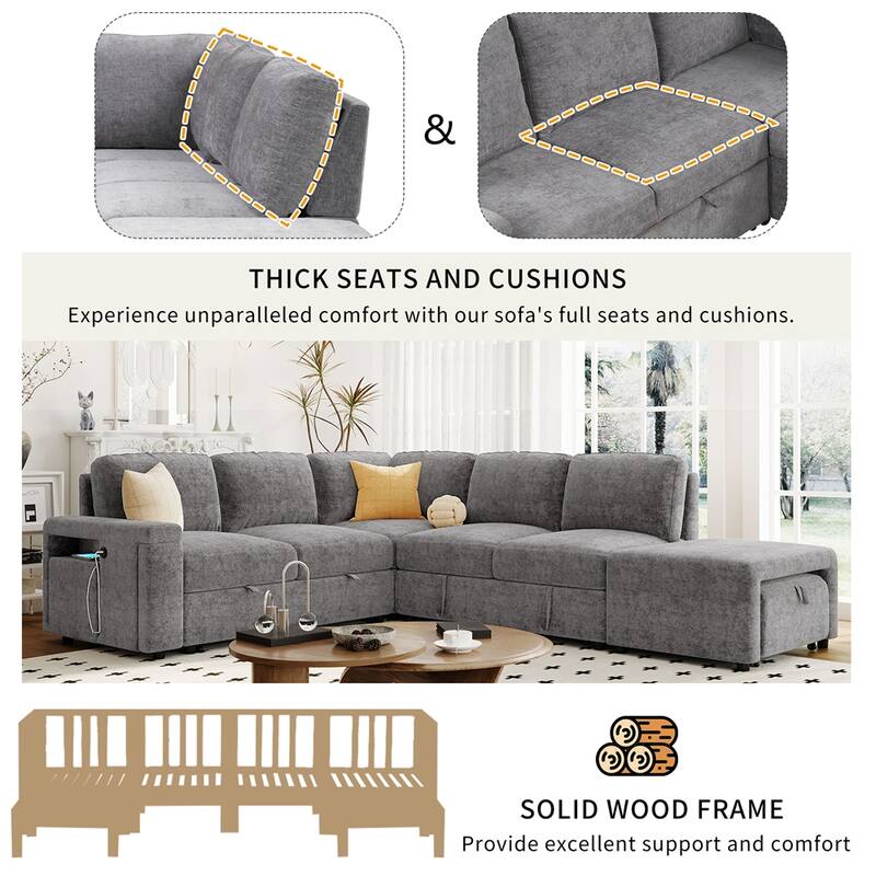 L-shaped Padded Modular Sofa w/Storage Space,USB Ports & Cup Holders