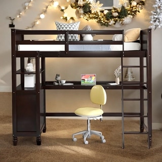 Twin Size Wooden Loft Bed With Drawers And Desk,Shelves,Solid Construction