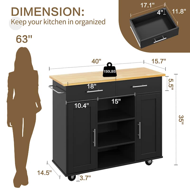 Rolling Kitchen Island with Storage Cabinet & Drawers - Rubber Wood Top for Dining & Kitchen Storage