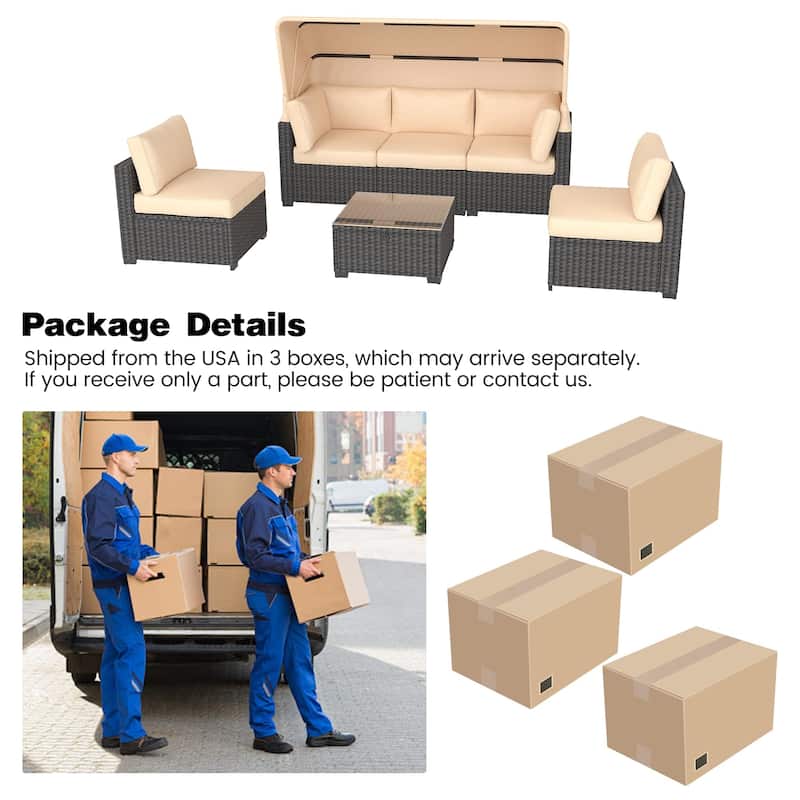 6-Piece Outdoor Patio Furniture Sets PE Rattan Daybed with Retractable Canopy