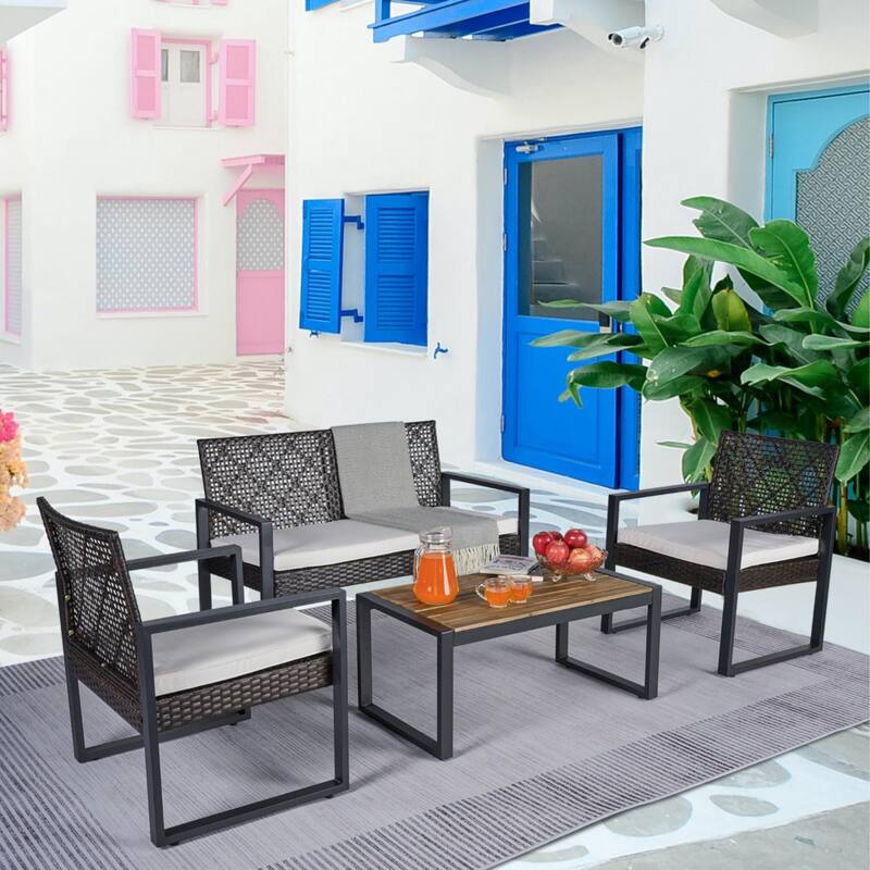 4-Piece Outdoor Patio Set with Double and Single Chairs, Acacia Wood Table, Durable PE Rattan Frame, Waterproof Cushions