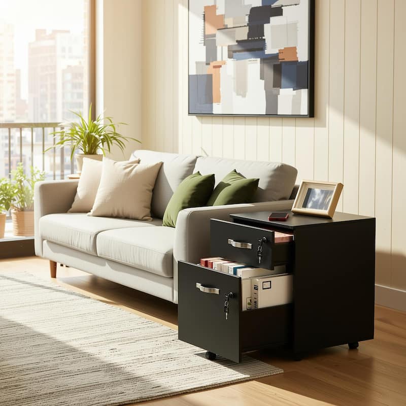 Homy Casa Black 2-Drawer Mobile File Cabinet Lock and Wheels