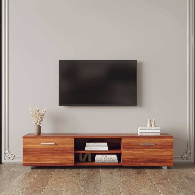 TV Stand, Television Stands with 2 Drawers, Open Shelves Console Table, Modern Entertainment Center TV Console - Brown