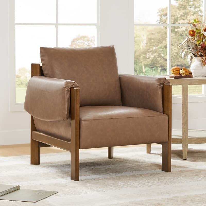 Carol Mid Century Modern Upholstered Accent Arm Chair with Wood Legs