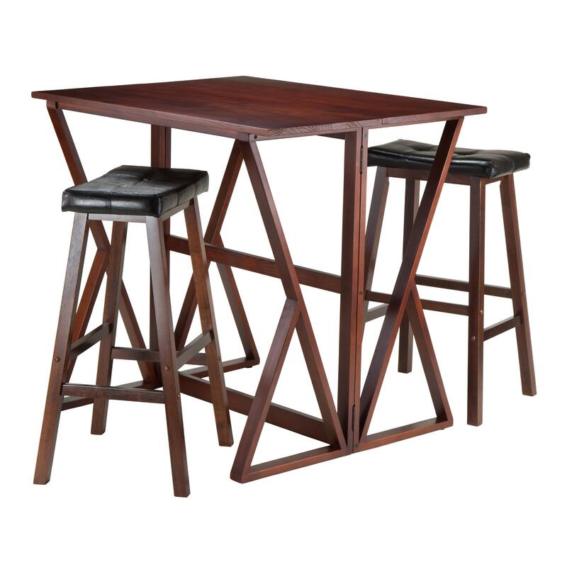 3-Pc Drop Leaf High Table with Cushion Saddle Seat Bar Stools, Walnut and Black - Walnut
