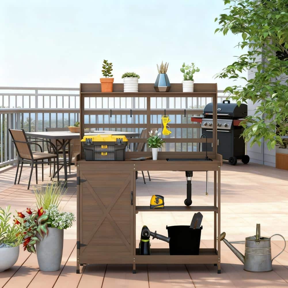 GDFStudio Outdoor Norwyn Fir Wood Potting Bench with Protective Finish and Storage