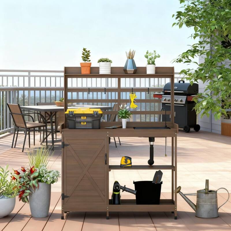 GDFStudio Outdoor Norwyn Fir Wood Potting Bench with Protective Finish and Storage - Dark Brown