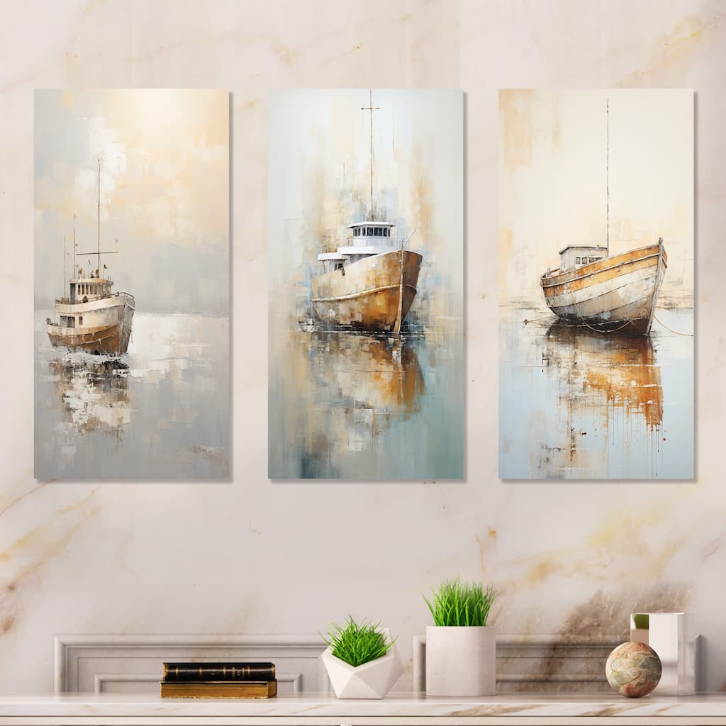 Designart "Minimalism Fishing Boat Horizon" Coastal Boat Canvas Set of 3 - Nautical & Coastal Beige Wall Art 3 Pieces
