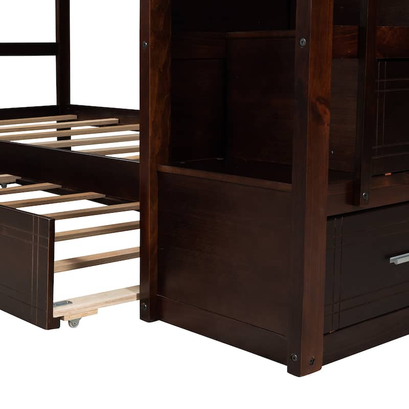 Hardwood Twin Over Twin Bunk Bed with Trundle and Staircase