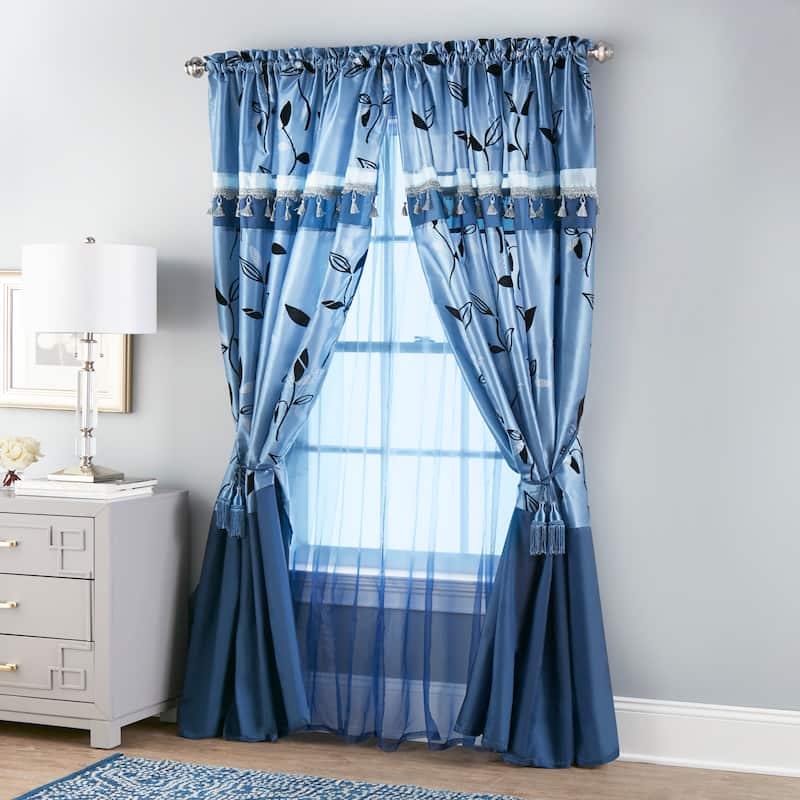 Grand Avenue Pandora 4 Piece Leaves Design Luxury Curtain Set - 56 x 84" - Blue