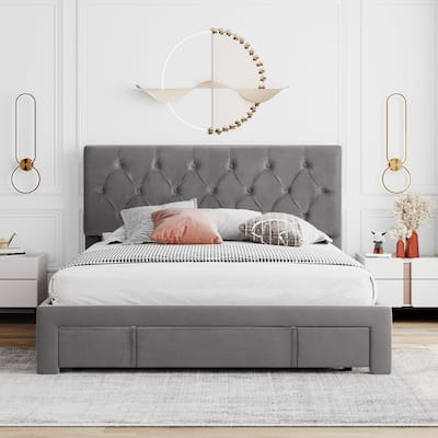 Storage Bed Velvet Upholstered Platform Bed with a Big Drawer