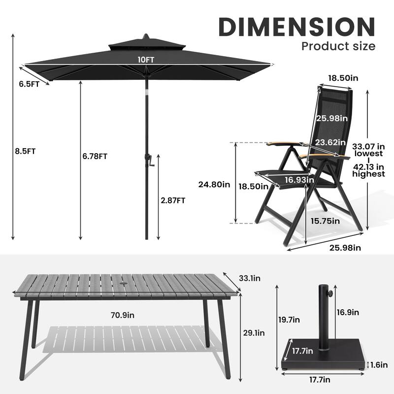 9/11-Piece Outdoor Aluminum Patio Dining Set w/10 ft Umbrella and Base, Rectangle Table and Folding Chairs