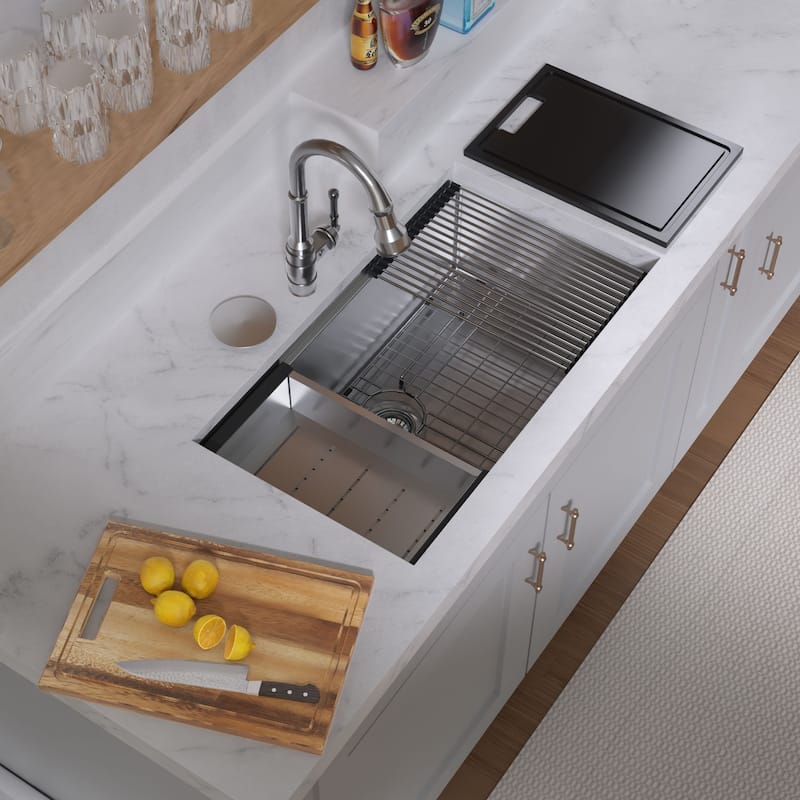 Whitehaus Undermount Single Bowl 16 Gauge Brushed Stainless Steel Workstation Sink With Accessories