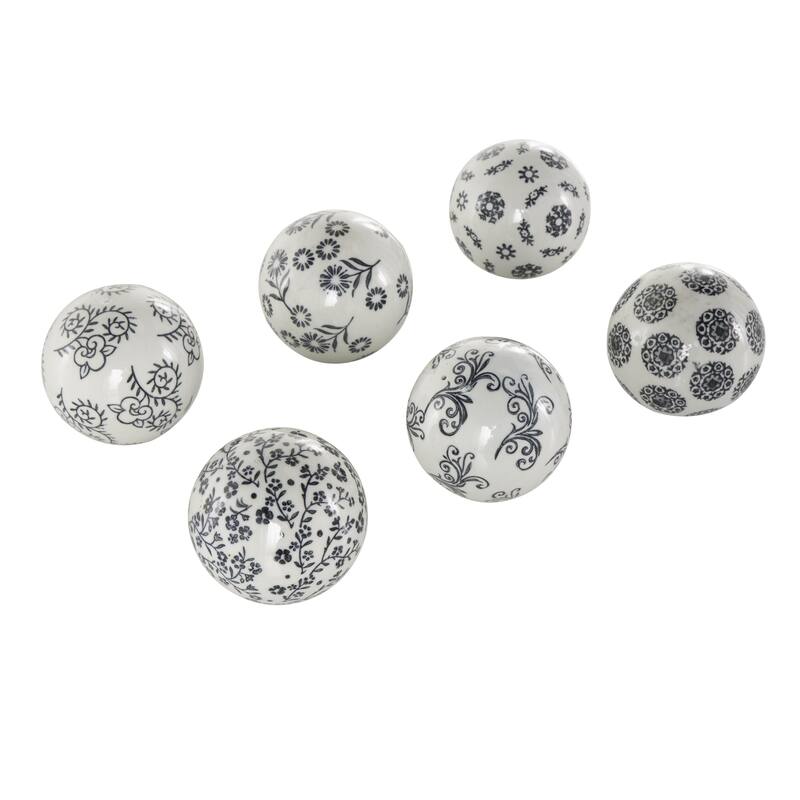 Ceramic Floral Glossy Orbs & Vase Filler with Varying Floral and Scroll Patterns - Set of 6 Black - Roche River Decor