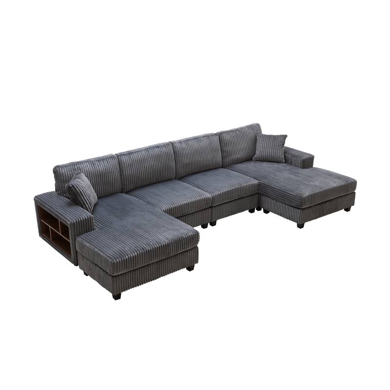 Modular Sectional Sofa with Dual Chaise Lounges, Corduroy Cloud Sofa with Armrest Storage Rack, Convertible 4-Seat Sleeper Sofa