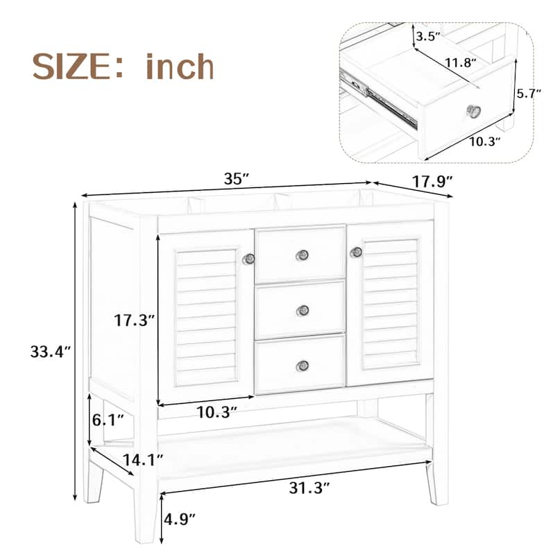36" Bathroom Vanity with/without Sink, Bathroom Vanity Cabinet with 2 Cabinets and Drawers, Open Shelf, Solid Wood Frame