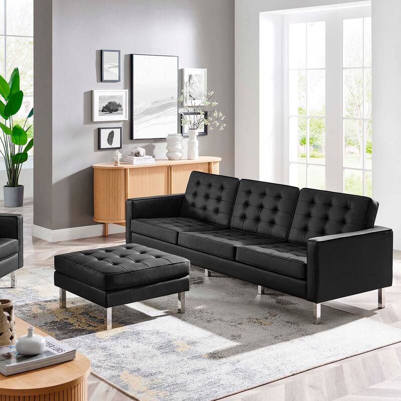 Loft Tufted Vegan Leather Sofa and Ottoman Set - Silver Black - 2 Piece