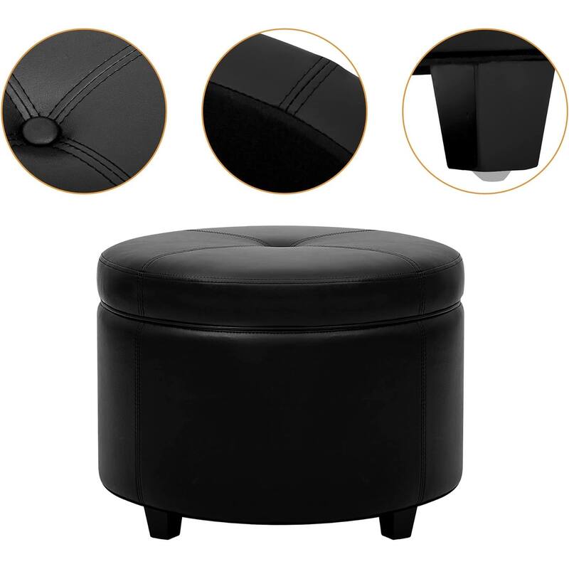 Round Leatherette Storage Ottoman with Lid for Living Room, Black