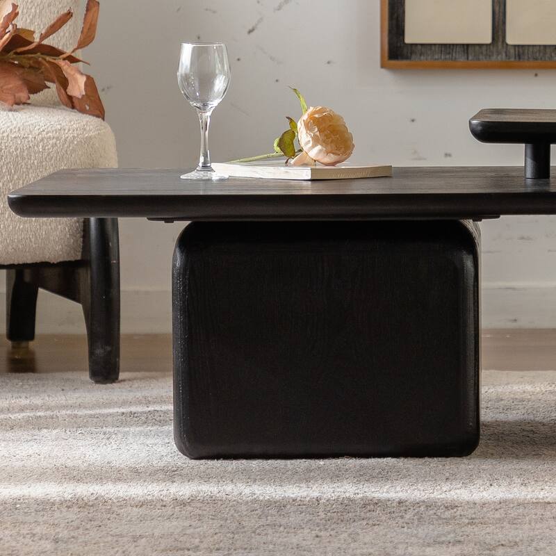 Vintage Coffee Table Set, Stylish Square Coffee Table with Wood Grain Finish for Living Room, Black, Set of 2