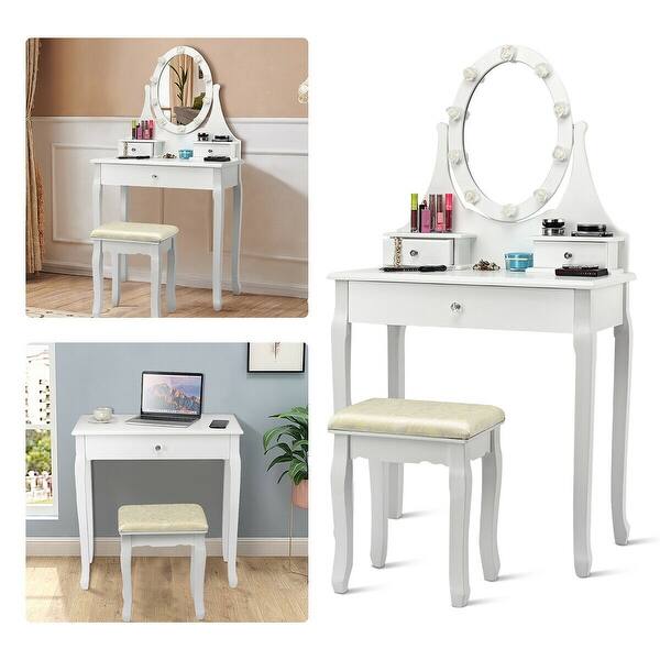 Gymax 3 Drawers Vanity Makeup Dressing Table Stool Set Lighted Mirror Overstock 25199029
