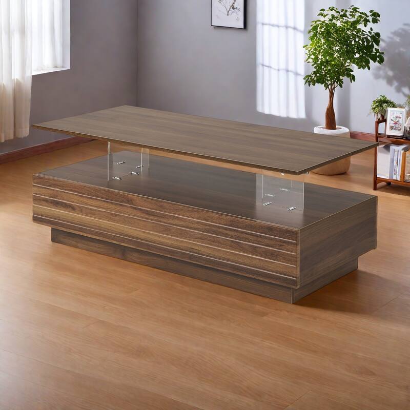 47.2" MDF LED Coffee Table with Multi-Color Lighting and Two Drawers - Walnut
