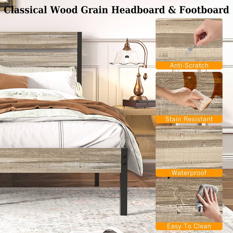 VECELO Industrial Wood Bed Frame with Headboard Twin Size Beds/Full Size Beds/Queen Size Beds