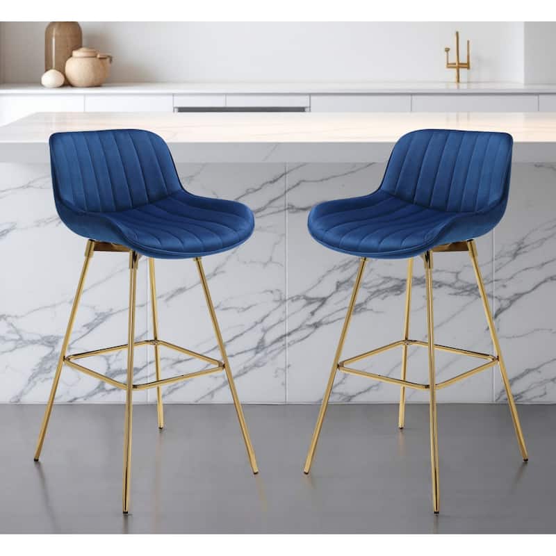 HomeRoots Set of Two 29" Blue and Gold Velvet and Metal Low Back Bar Height Swivel Bar Chairs - Bar Height - Set of 2 - Gold/Blue