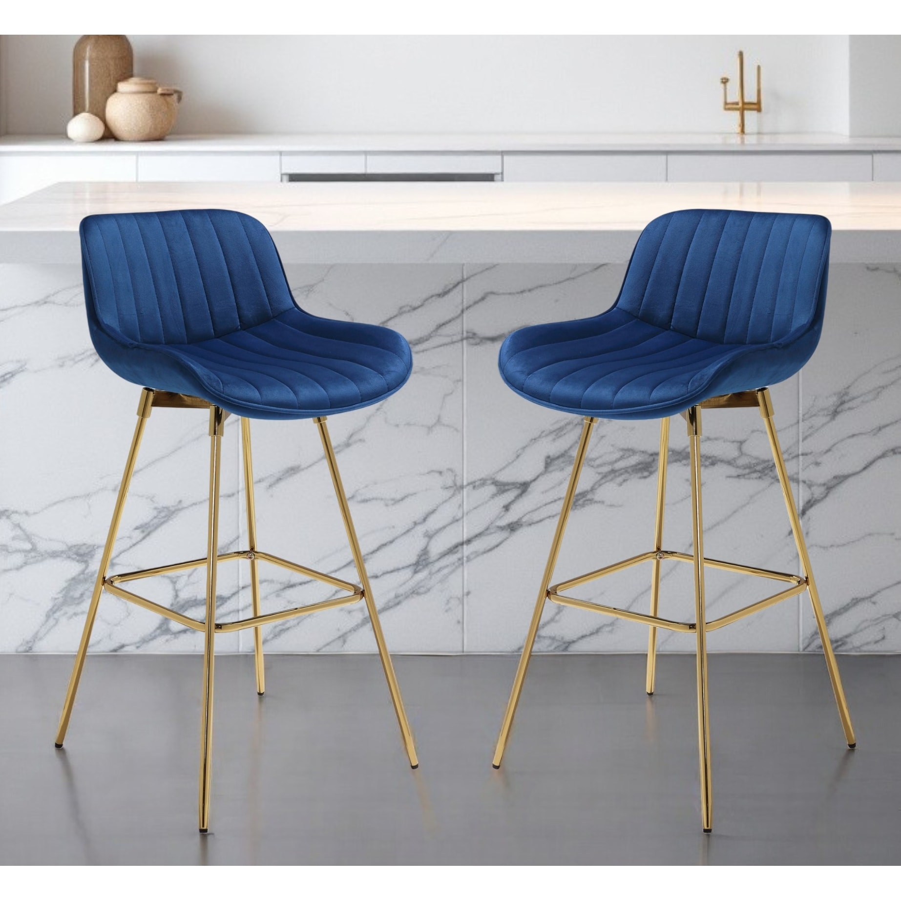 HomeRoots Set of Two 29" Blue and Gold Velvet and Metal Low Back Bar Height Swivel Bar Chairs
