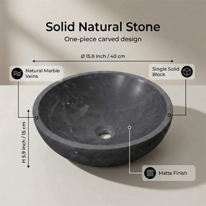 Roomfitters Marble Bathroom Vessel Sink, Natural Stone Countertop Wash Basin, Round Matte Vanity Bowl, Above Counter, Dark Grey