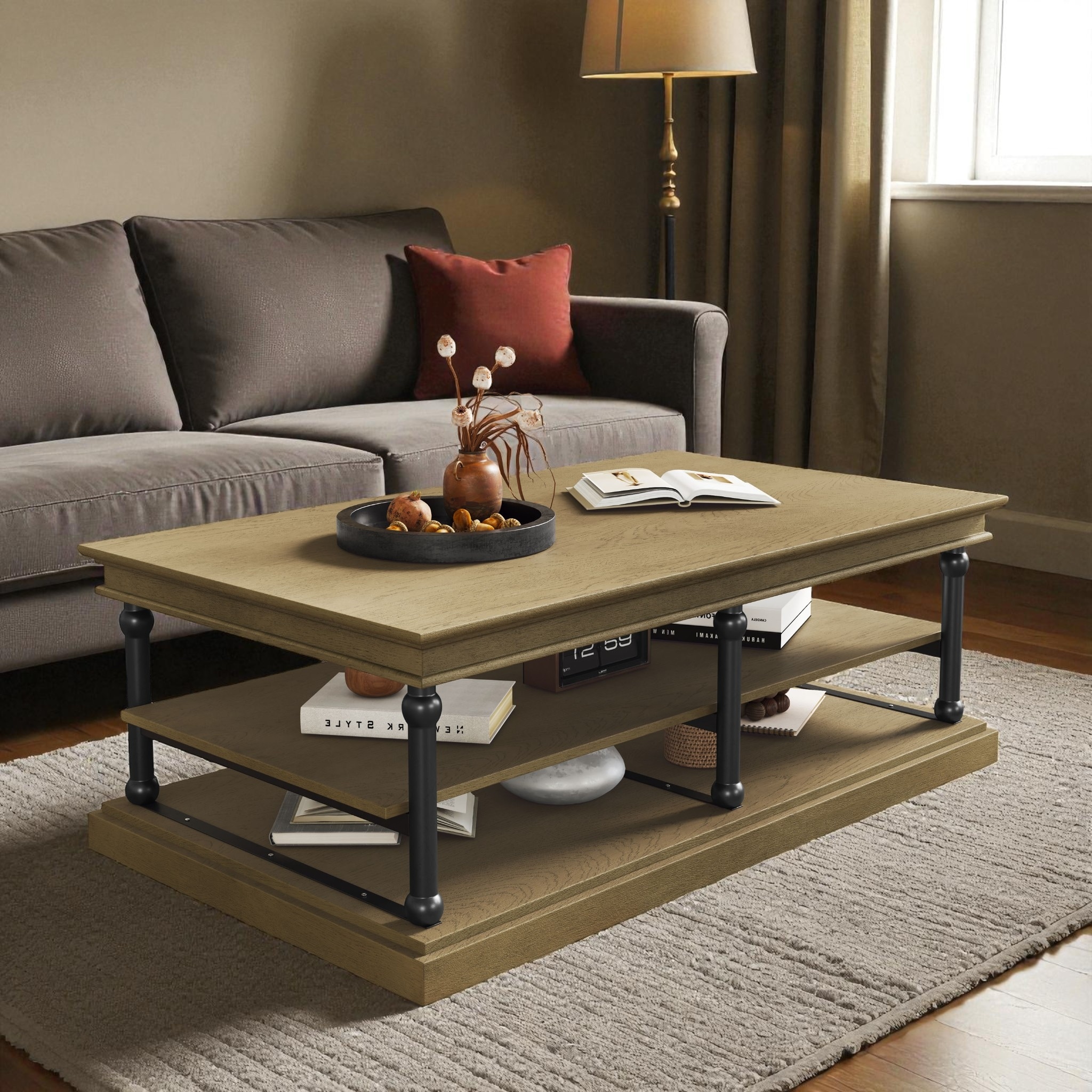 55.1" Modern Wood Coffee Table with Black Legs and 2 Open Shelves, Large Living Room Center Table