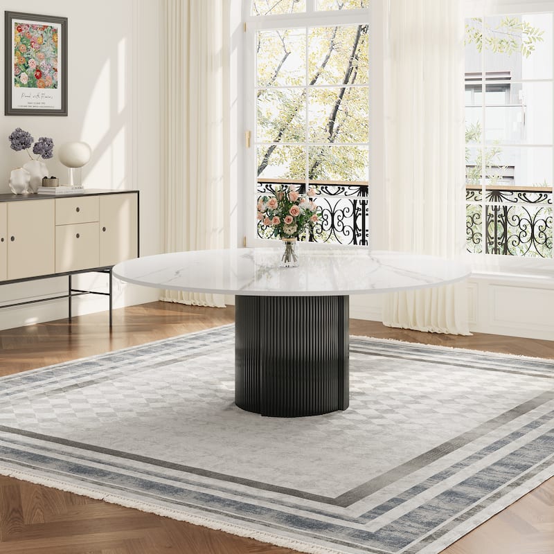 59" Modern Round Dining Table for 6-8, Glossy White Sintered stone Table top, Steel Grille column base