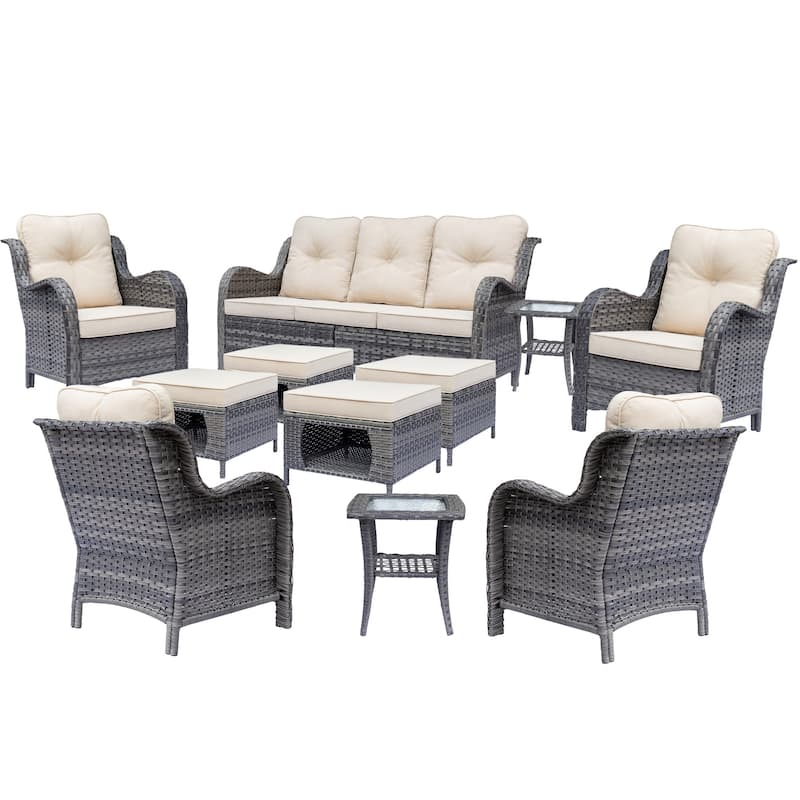 Gray Wicker Outdoor Patio Conversation Seating Sofa Sets with Cushions