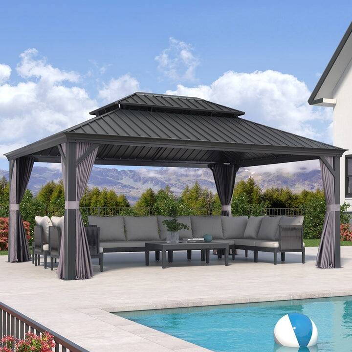 PURPLE LEAF Outdoor Galvanized Steel Hardtop Gazebo, Aluminum Frame Gazebo With Curtains - 13' x 17' NEW! - Gazebo Grey