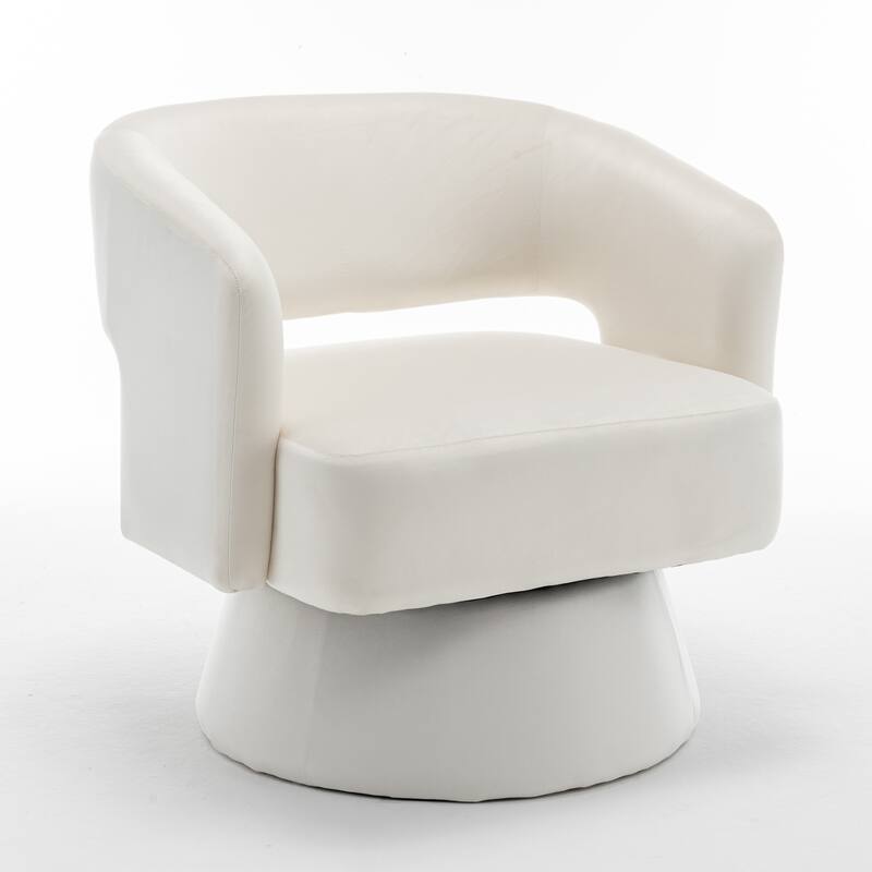 White Modern 30.1" Upholstered 360° Swivel Barrel Chair with Open Backrest and Solid Wood Frame