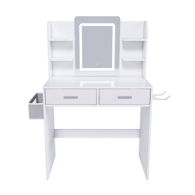 LED Mirror Dressing Table with Lights- 3-Color Light Strips,2 Large Drawers,Hair Dryer Stand & Non-Woven Bag,Makeup Desk