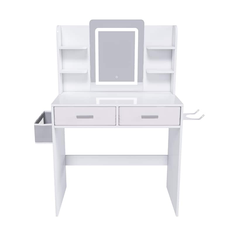 Vanity Desk with LED Light Mirror, 3-Color Adjustable Light Strips, Dressing Table with Hair Dryer Stand & 2 Large Drawers