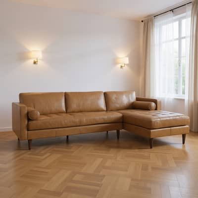 HomeRoots Tan Genuine Leather L Shaped Sofa and Chaise Sectional With Toss Pillows