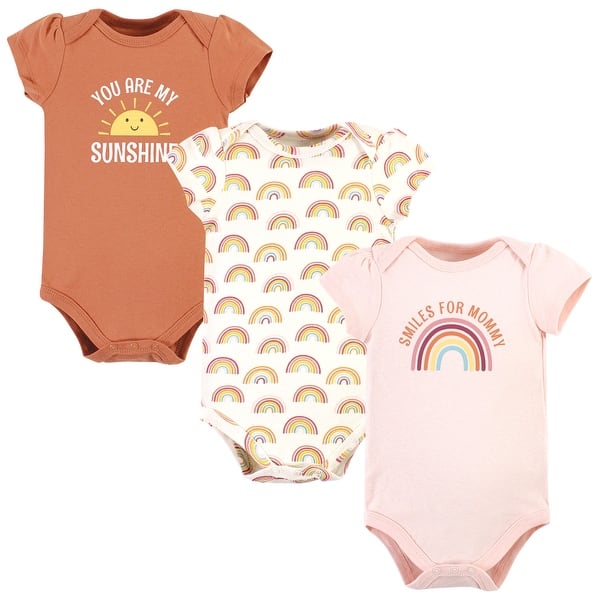 slide 1 of 1, Hudson Baby Infant Girl Cotton Bodysuits, Sunshine Rainbows 12-18 Months - Sunshine Rainbows 3 Pack