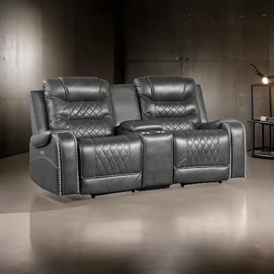 Paul 78 Inch Power Recliner Loveseat, Cupholder Console, Gray Faux Leather
