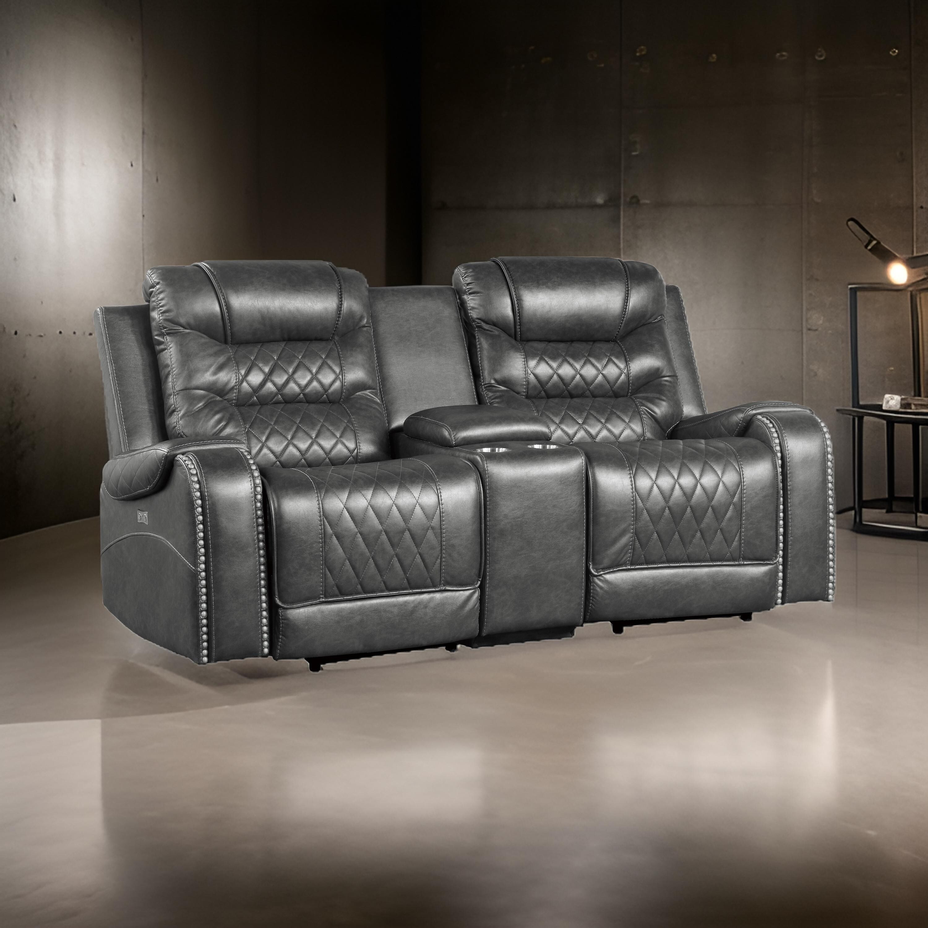 Benjara Paul 78 Inch Power Recliner Loveseat, Cupholder Console, Gray Faux Leather