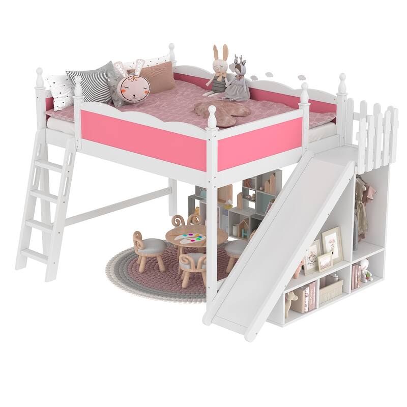 Queen Loft Bed with Storage Shelves and Wardrobe, Solid Wood Loft Beds with Detachable Slide and Ladders, No Spring Box Needed
