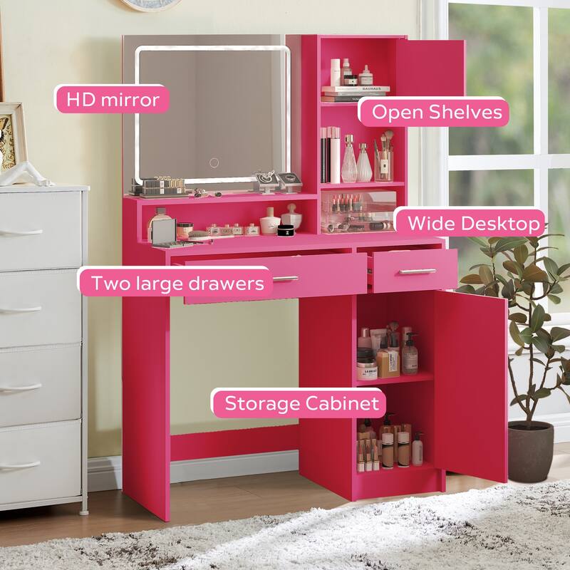 Dressing Vanity Desk with Drawer, Mirror & LED Light Strip, 3 Adjustable Brightness Modes