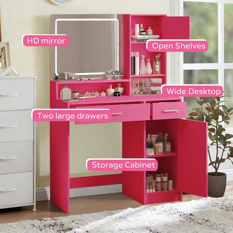 Modern Vanity Desk with Mirror, LED Light Strip and Storage